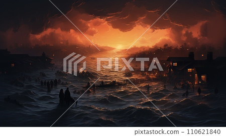 Massive flood after heavy rainfall goes through a city. Dangerous water streams destroy houses. Strong natural disaster. Chaos and devastation. A powerful flood knocks over a city. 110621840