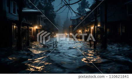 Massive flood after heavy rainfall goes through a city. Dangerous water streams destroy houses. Strong natural disaster. Chaos and devastation. A powerful flood knocks over a city. 110621841