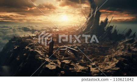 The aftermath of a strong earthquake. Natural disaster. Massive chaos and destruction after an earthquake. Ruins left of a city after an earthquake struck. Ruined houses after a natural disaster. 110621842