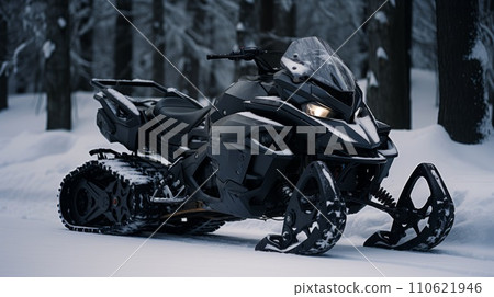 Black snow mobile outside. Brutal snowmobile standing in a snowy forest. Ai generated. 110621946