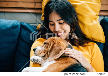 Embracing the concept of trust and love, a woman and her Beagle dog sleep together on the sofa in the living room. Their bond reflects the joy of being best friends forever. Pet love 110622004