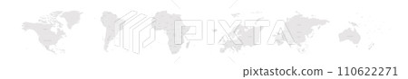 Set of six world continent maps in a row - North America, South America, Africa, Europe, Asia and Australia. Flat grey vector map with country name labels Set of six world continent maps in a row - North America, South America, Africa, Europe, Asia and Australia. Flat grey vector map with country name labels 110622271