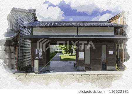 水彩畫風格，三國港，三國港北前街街道景觀，福井縣堺市町庭（下心公園） 110622581