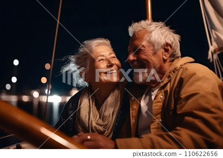 AI-generated content. Beautiful and happy senior caucasian couple on a sailboat at night, neural network generated image 110622656