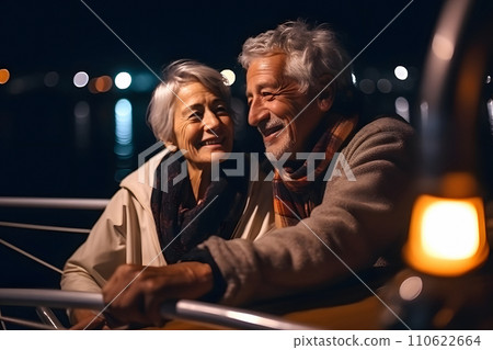 AI-generated content. Beautiful and happy senior caucasian couple on a sailboat at night, neural network generated image 110622664