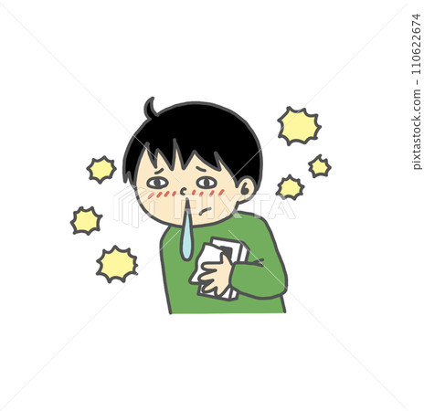 Illustration of a boy with a runny nose due to hay fever 110622674
