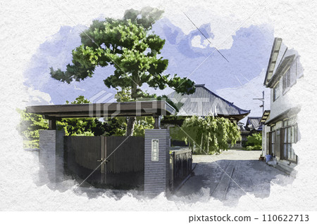 水彩畫風、福井縣堺市三國港、上八町街道、聖壽寺 110622713