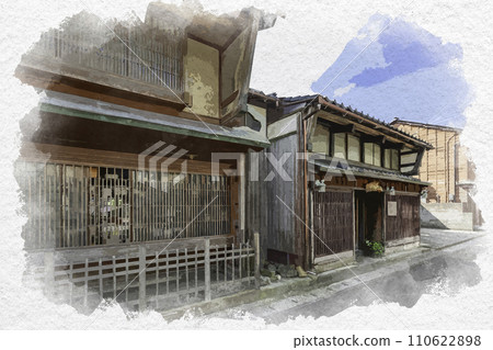 水彩畫風、三國港、瀧屋出村街景、福井縣堺市魚城 110622898