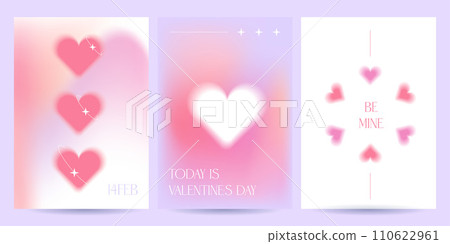 Valentine's day love posters design template set. Romantic cute pink event flyers for banners or mobile social posts with Holographic design, mesh blurry gradient hearts. Vector 110622961