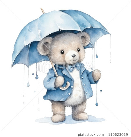 Cute watercolor little teddy bear with blue umbrella on white background 110623019