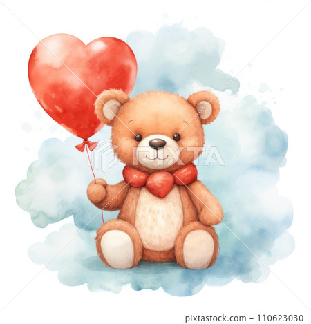 Watercolor cute little teddy bear with red heart shaped balloon 110623030
