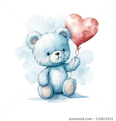 Watercolor cute little teddy bear with red heart shaped balloon 110623032