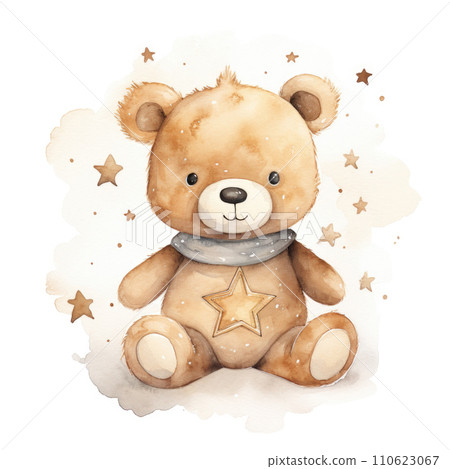 Cute watercolor little teddy bear on white background 110623067