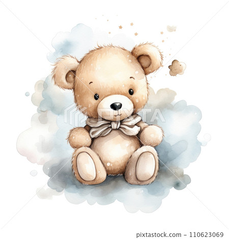 Cute watercolor little teddy bear on white background 110623069