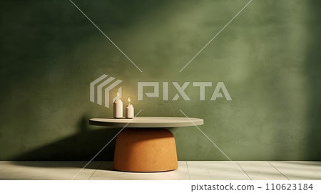 AI-generated content. Table with flowers and green wall for presentation . Shadows on the wall and light reflections, generated AI 110623184
