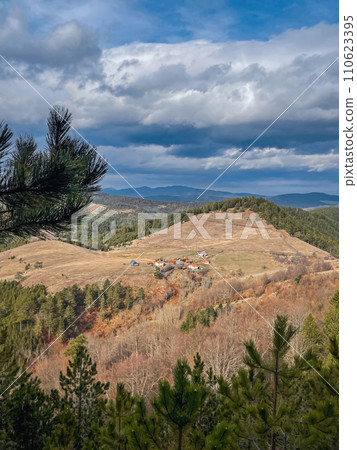 Mountain Rural Landscape with Tiny Houses Mountain Rural Landscape with Tiny Houses 110623395