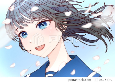A wind blowing with cherry blossom petals dancing, a female student looking sideways. Outline = brown, eyes = blue, hair = black. [Anime cell drawing style] 110623429