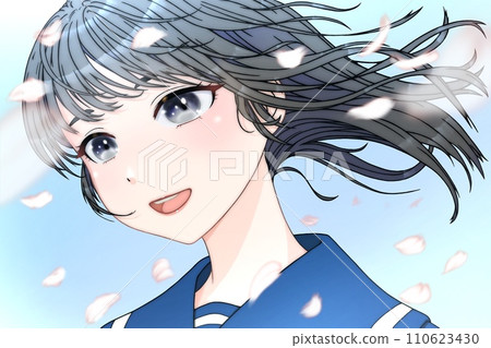 A female student looking sideways, with cherry blossom petals dancing in the wind. Outline = black, eyes = black, hair = black [Anime/cell drawing style] 110623430