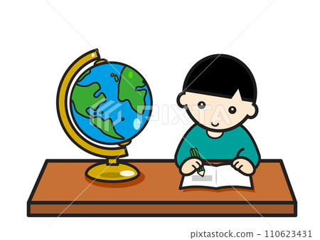 A boy studying while looking at a globe 110623431