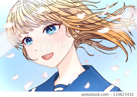 側身看的女學生,隨風吹動櫻花花瓣翩翩起舞。輪廓=棕色,眼睛=藍色,頭髮=金色【動漫細胞畫風】 側身看的女學生,隨風吹動櫻花花瓣翩翩起舞。輪廓=棕色,眼睛=藍色,頭髮=金色【動漫細胞畫風】 110623432