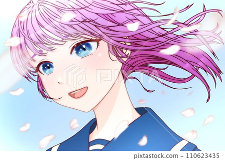 側身看的女學生，隨風吹動櫻花花瓣翩翩起舞。輪廓=棕色，眼睛=藍色，頭髮=紫色【動漫/細胞畫風】 110623435