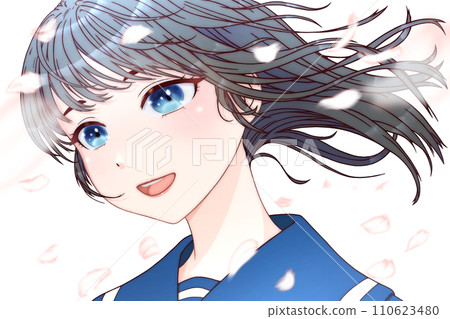 A wind blowing with cherry blossom petals dancing, a female student looking sideways. Outline = brown, eyes = blue, hair = black. [Anime cell drawing style] 110623480