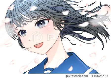 A female student looking sideways, with cherry blossom petals dancing in the wind. Outline = black, eyes = black, hair = black [Anime/cell drawing style] 110623484