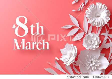 AI-generated content. International women's day concept - white and pink flowers in paper cut out style on solid pink background 110623607