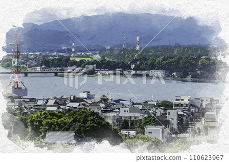 水彩畫風格福井縣堺市上葉町週邊的三國港街景 水彩畫風格福井縣堺市上葉町週邊的三國港街景 110623967
