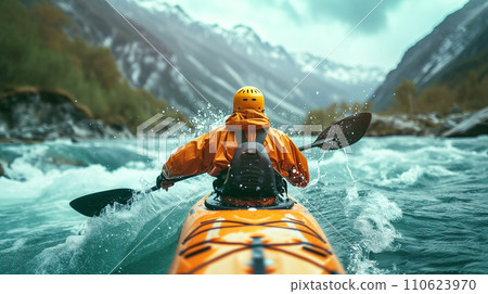 在平靜的冰川水域進行單獨的皮划艇之旅。商人逆流而上。人工智慧影像 在平靜的冰川水域進行單獨的皮划艇之旅。商人逆流而上。人工智慧影像 110623970
