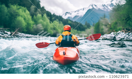 在平靜的冰川水域進行單獨的皮划艇之旅。商人逆流而上。人工智慧影像 110623971