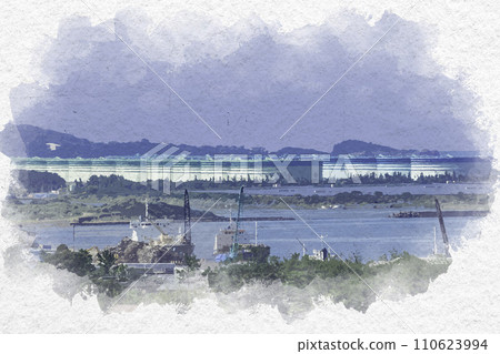 Watercolor style Mikuni Minato townscape Oil storage tank Sakai City, Fukui Prefecture 110623994