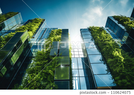 Eco-friendly building in the modern city. Sustainable glass office building with tree for reducing carbon dioxide. Office building with green environment. Corporate building reduce CO2. Generative AI Eco-friendly building in the modern city. Sustainable glass office building with tree for reducing carbon dioxide. Office building with green environment. Corporate building reduce CO2. Generative AI 110624075