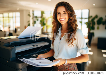 Office worker prints paper on multifunction laser printer. Document and paperwork concept. Secretary work. Smiling woman working in business office. Copy, print, scan, and fax machine. Generative AI. 110624078
