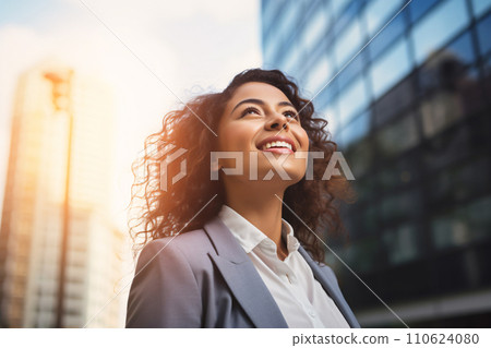 Happy young Hispanic business woman standing outside modern office building. Portrait of professional businesswoman. Office worker looking up to the sky and smiling. Entrepreneur. Generative AI. 110624080