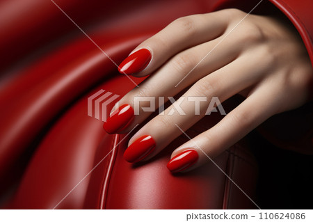 Glamour woman hand with classic red nail polish on her fingernails. Red nail manicure with gel polish at luxury beauty salon. Nail art and design. Female hand model. French manicure. Generative AI. 110624086