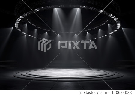 Artistic performances stage light background with spotlight illuminated the stage for contemporary dance. Empty stage with monochromatic colors and lighting design. Entertainment show. Generative AI. Artistic performances stage light background with spotlight illuminated the stage for contemporary dance. Empty stage with monochromatic colors and lighting design. Entertainment show. Generative AI. 110624088