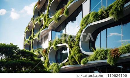 Eco-friendly building in the modern city. Sustainable glass office building with tree for reducing carbon dioxide. Office building with green environment. Corporate building reduce CO2. Generative AI 110624106