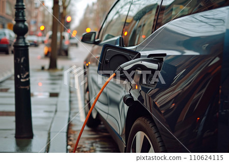 Car charging at electric car charging station. Electric vehicle charger station for charge EV battery. EV car charging point. Clean energy. Sustainable transportation. Green technology. Generative AI. 110624115