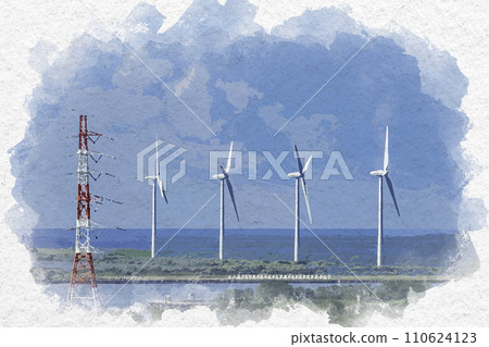 Watercolor painting style, Mikuni Minato townscape, wind power plant and power transmission lines, Sakai City, Fukui Prefecture Watercolor painting style, Mikuni Minato townscape, wind power plant and power transmission lines, Sakai City, Fukui Prefecture 110624123