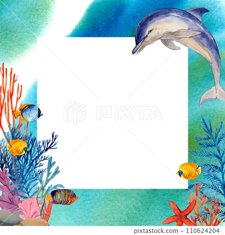 Square frame with tropical bright fish, corals and dolphins. Watercolor illustration with sea splashes and paint stains. For cards, posters, menus, beach and sea accessories. Ocean themed invitations. Square frame with tropical bright fish, corals and dolphins. Watercolor illustration with sea splashes and paint stains. For cards, posters, menus, beach and sea accessories. Ocean themed invitations. 110624204