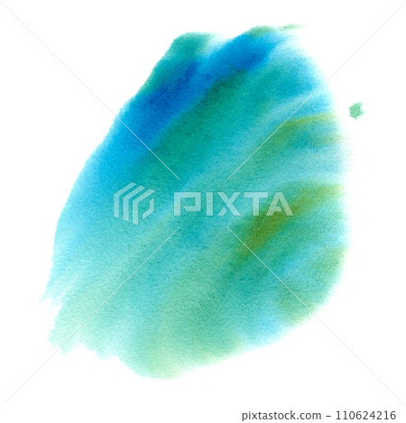 Watercolor stain with paper texture. Abstract spot in the colors of the sea. Soft transitions of blue, turquoise and green, imitation of ocean water. Illustration of paint splashes. Watercolor stain with paper texture. Abstract spot in the colors of the sea. Soft transitions of blue, turquoise and green, imitation of ocean water. Illustration of paint splashes. 110624216