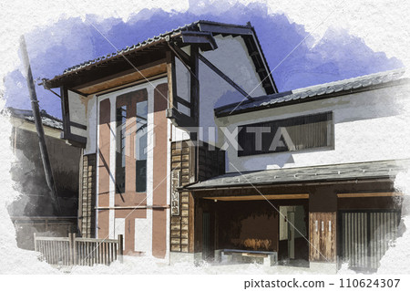 Watercolor painting style, Mikuni Minato, Mikuni Festival float storehouse in front of Mikuni Shrine gate, Sakai City, Fukui Prefecture Watercolor painting style, Mikuni Minato, Mikuni Festival float storehouse in front of Mikuni Shrine gate, Sakai City, Fukui Prefecture 110624307
