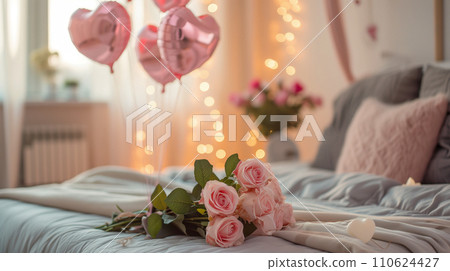 A warm and romantic atmosphere with twinkling lights and heart decorations. Images of hotels and wedding halls A warm and romantic atmosphere with twinkling lights and heart decorations. Images of hotels and wedding halls 110624427