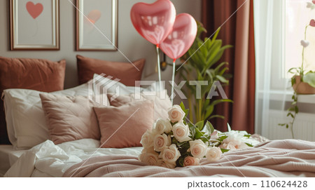 A warm and romantic atmosphere with twinkling lights and heart decorations. Images of hotels and wedding halls 110624428