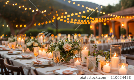 A warm and romantic atmosphere with twinkling lights and heart decorations. Images of hotels and wedding halls 110624458
