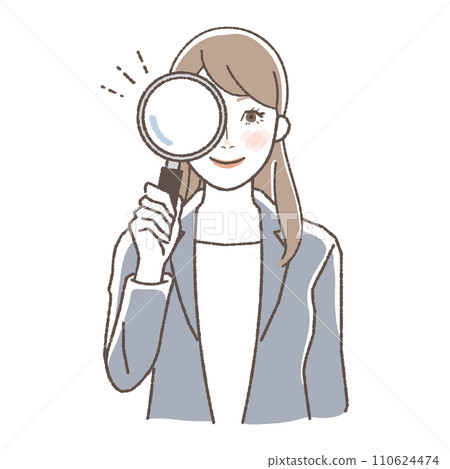 拿著放大鏡,上半身的女商人的插圖。 拿著放大鏡,上半身的女商人的插圖。 110624474