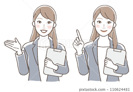 一組女企業家微笑著解釋上半身的插圖。 110624481