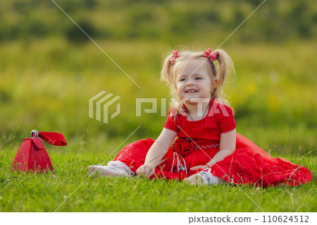little girl in a red dress sitting on the lawn 110624512