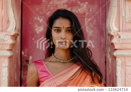 portrait of a young beautiful indian woman with sari 110624714